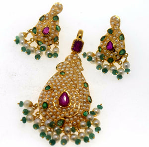 22k 22ct Solid Gold ELEGANT PEARL RUBY EMERALD STONE PENDANT SET EARRING s114 - Royal Dubai Jewellers