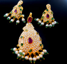 22k 22ct Solid Gold ELEGANT PEARL RUBY EMERALD STONE PENDANT SET EARRING s114 - Royal Dubai Jewellers